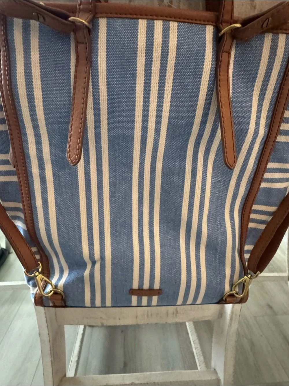 Fossil Blue and White Striped Canvas Tote with Brown Trim